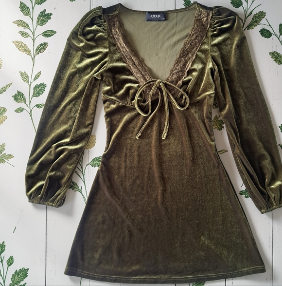 Cider Dresses & Skirts - Cider Olive Velvet V-Neck Solid Lace Detail Mini Dress
